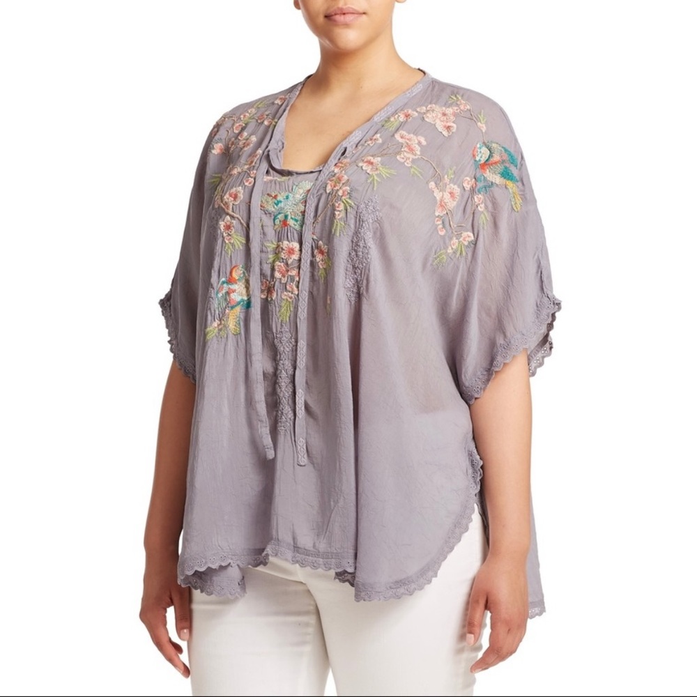 JOHNNY WAS Embroidered Floral Sakura Dolman/Batwing Sleeve Blouse—SZ. Small